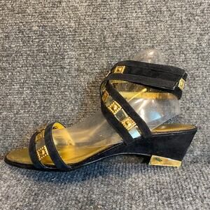 Vintage Onex Black Gold Accents Womens 7 Dress Strappy Sandals Shoes Wedge Heel